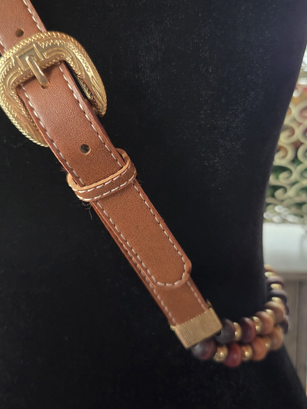 Brown Wood Beaded Belt With Gold Accents - Picture 5 of 5